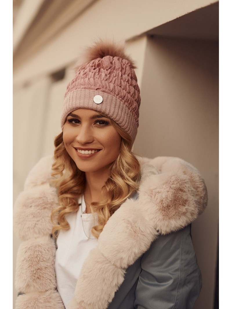 Ruffled hat with glitter and pompom, pink C59 - Online store - Boutique